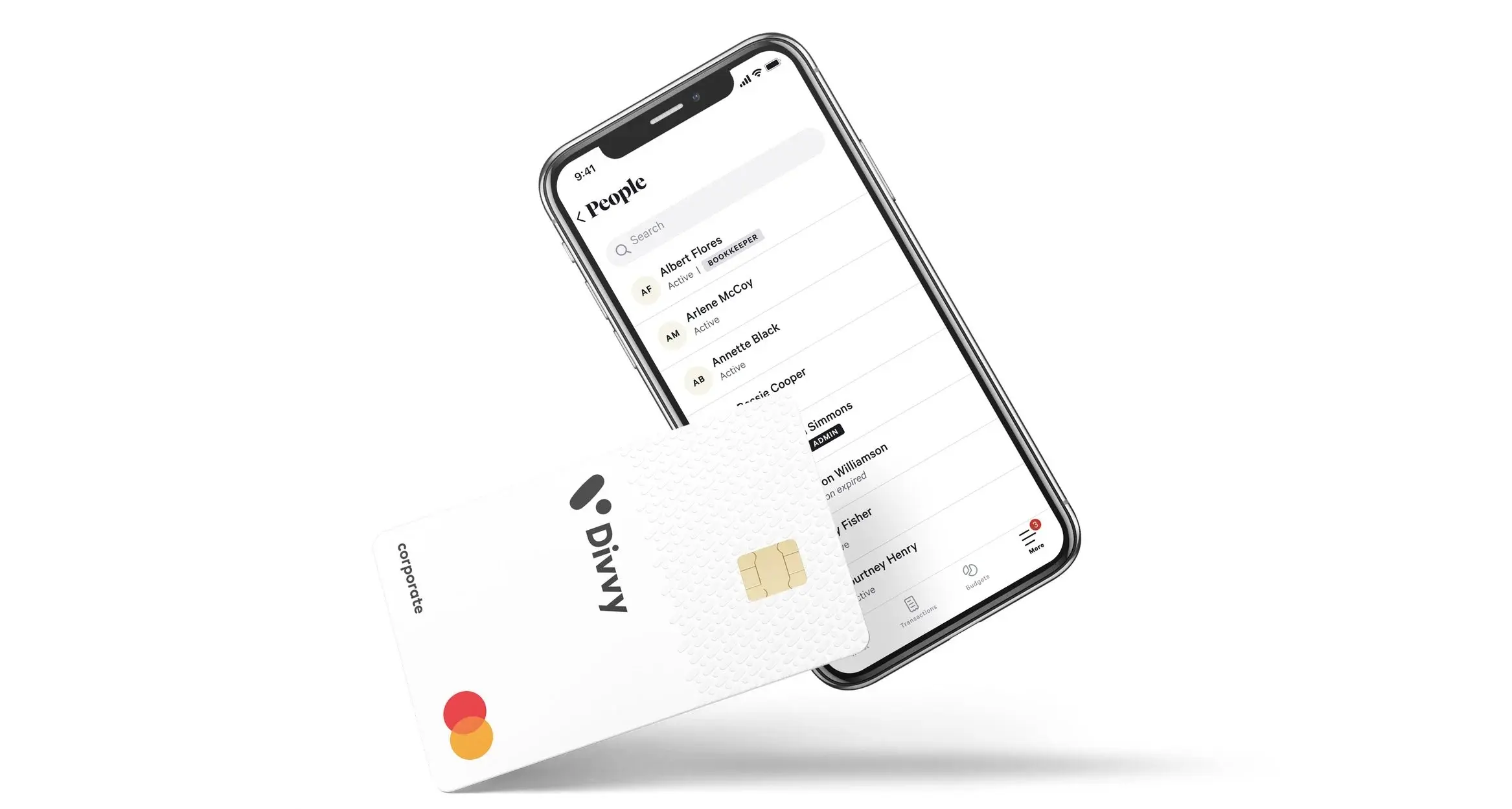 A Divvy corporate Mastercard floating in front of an iPhone showing the mobile People screen — a searchable list of team members with their roles and status.