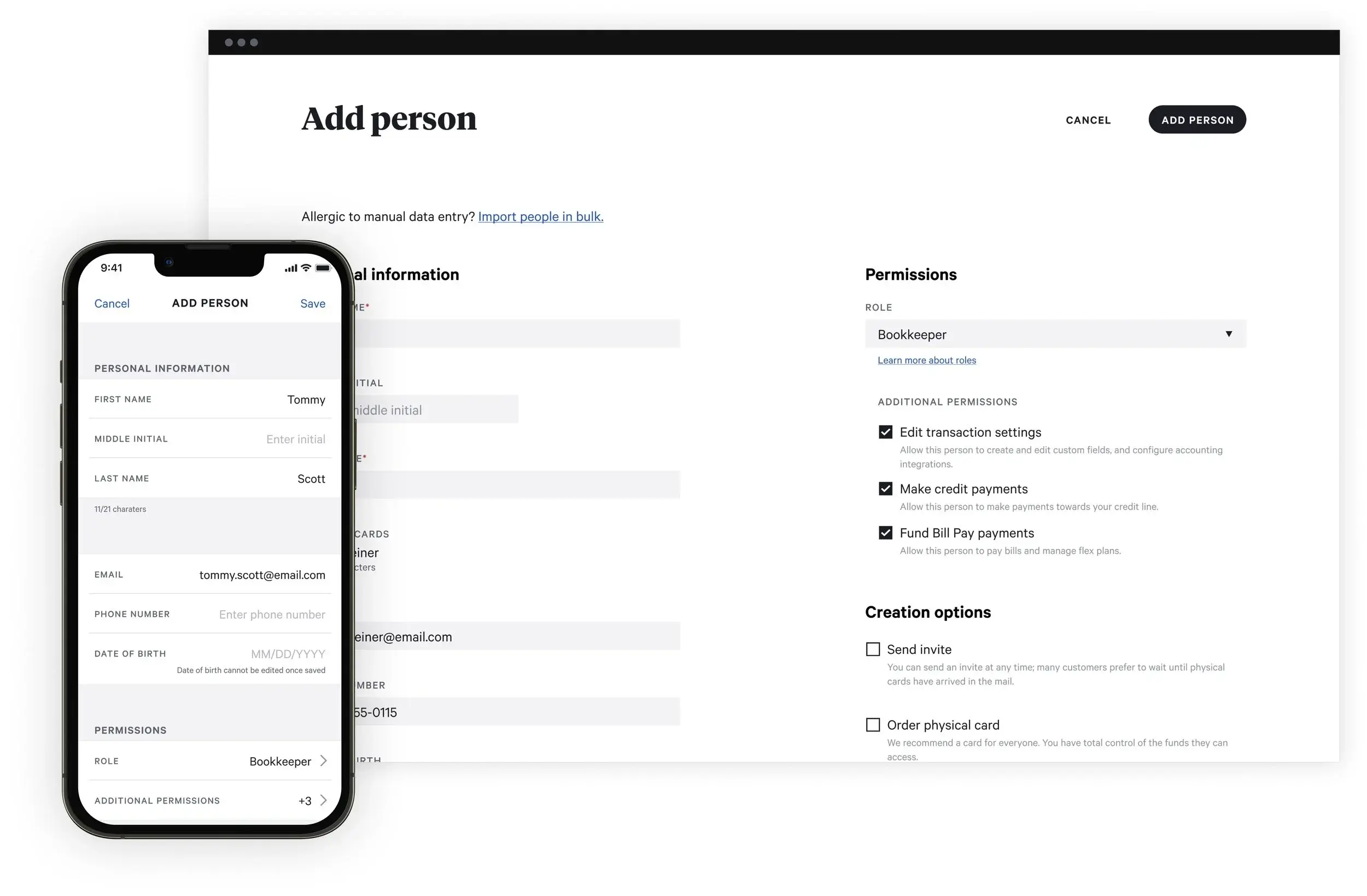 Desktop and mobile mockups of Divvy's "Add person" flow, showing personal information fields alongside a permissions panel with a Bookkeeper role selected.