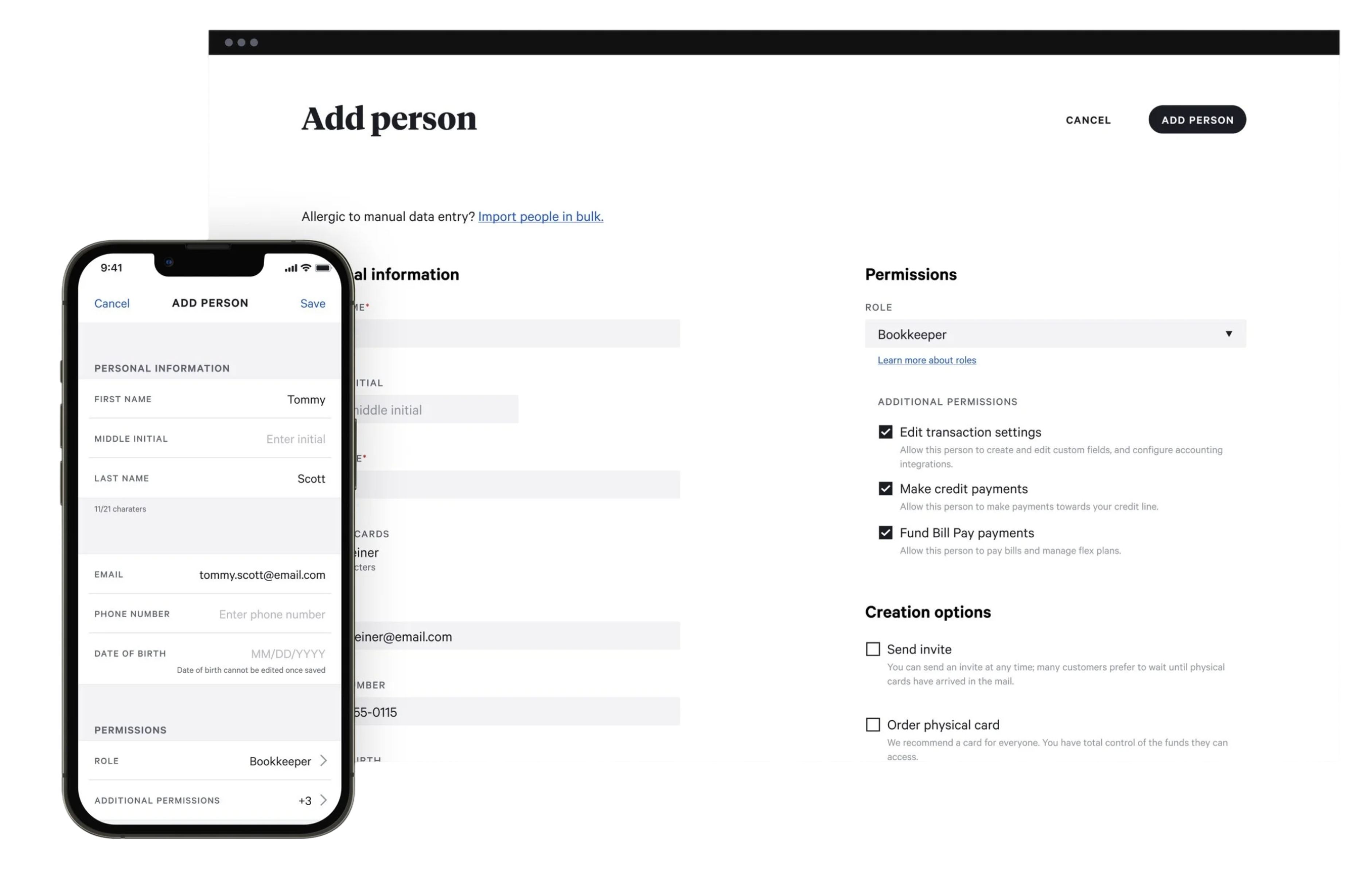 Desktop and mobile mockups of Divvy's "Add Person" flow, showing personal information fields alongside a permissions panel with a Bookkeeper role selected.