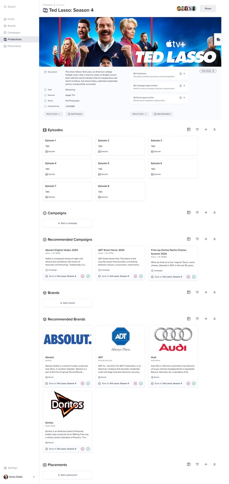 A BENlabs production page for a streaming show: its episodes, plus a set of brand sponsors recommended as a fit for the production.