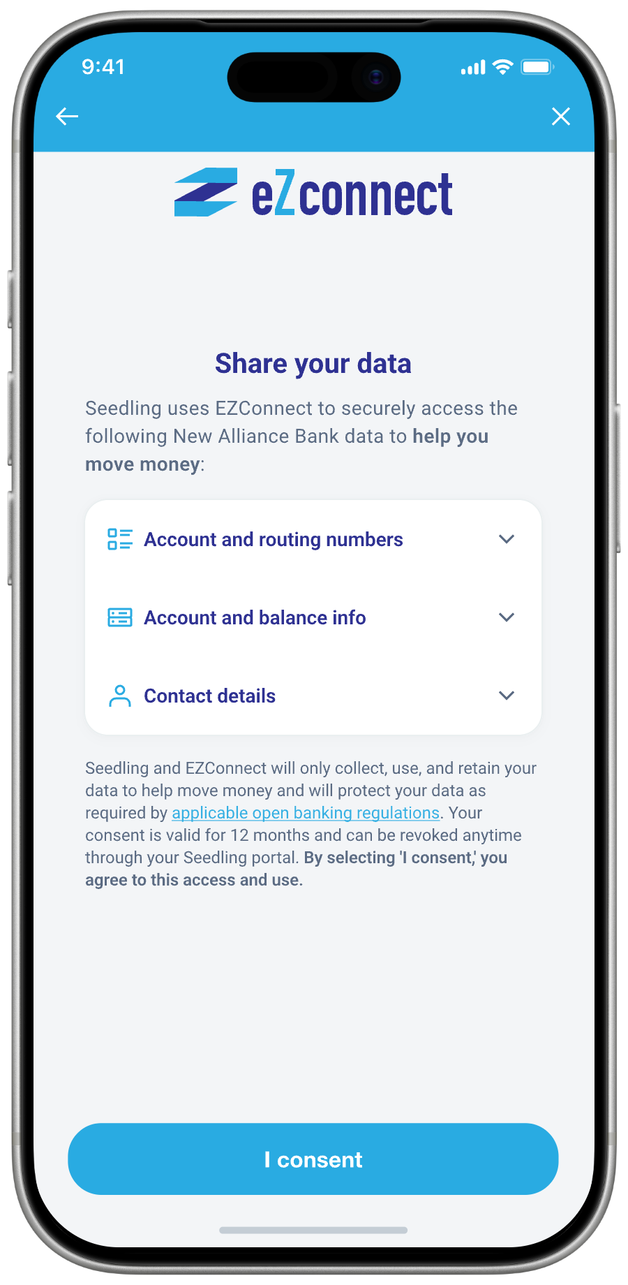 The same consent screen white-labeled for the EZConnect brand: 'Share your data' listing account and routing numbers, balance info, and contact details, with an 'I consent' button.