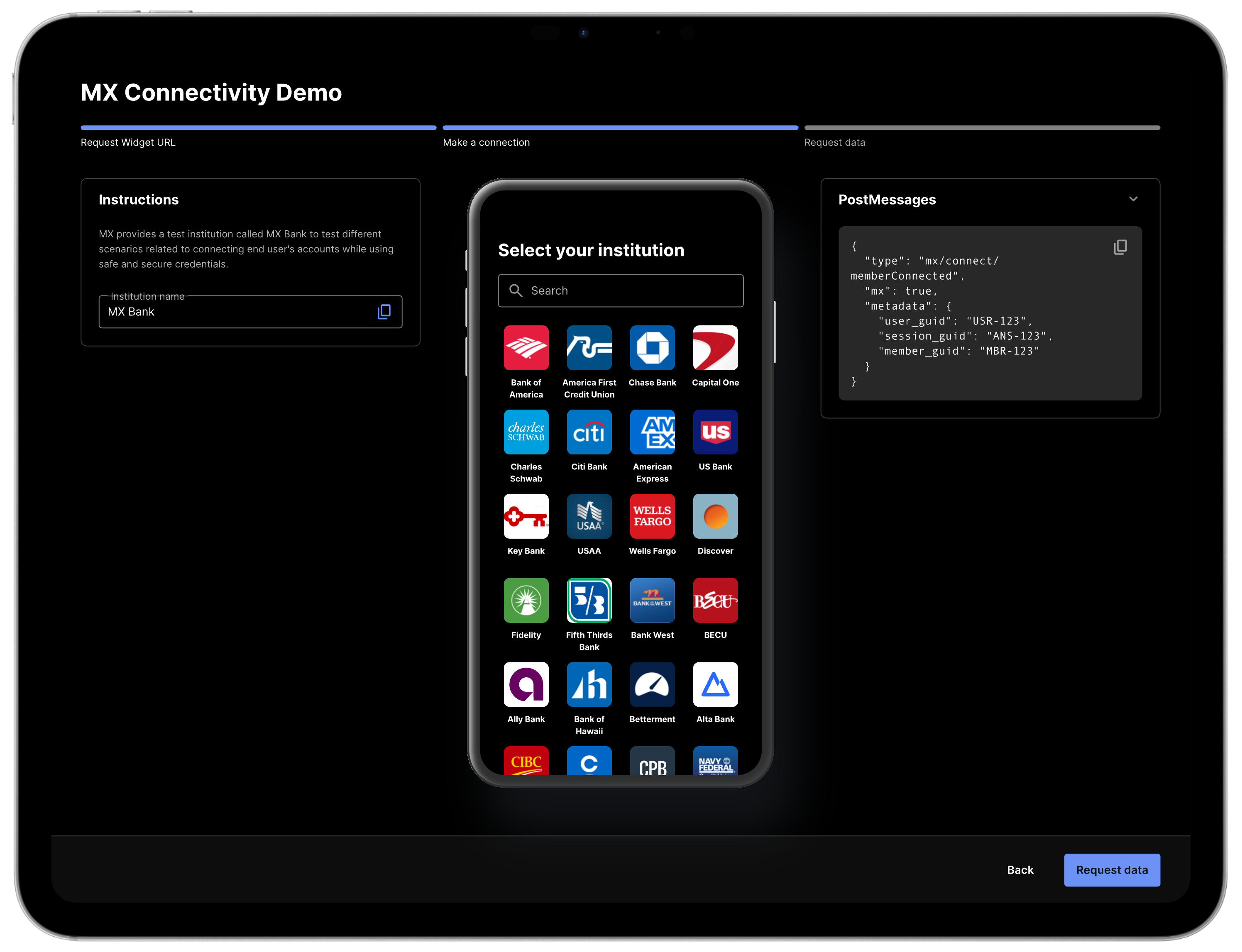 The self-guided MX connectivity demo: a 'Make a connection' step showing a phone selecting a test institution alongside a panel of the live postMessages (memberConnected, with user, session, and member GUIDs) firing as the connection completes.