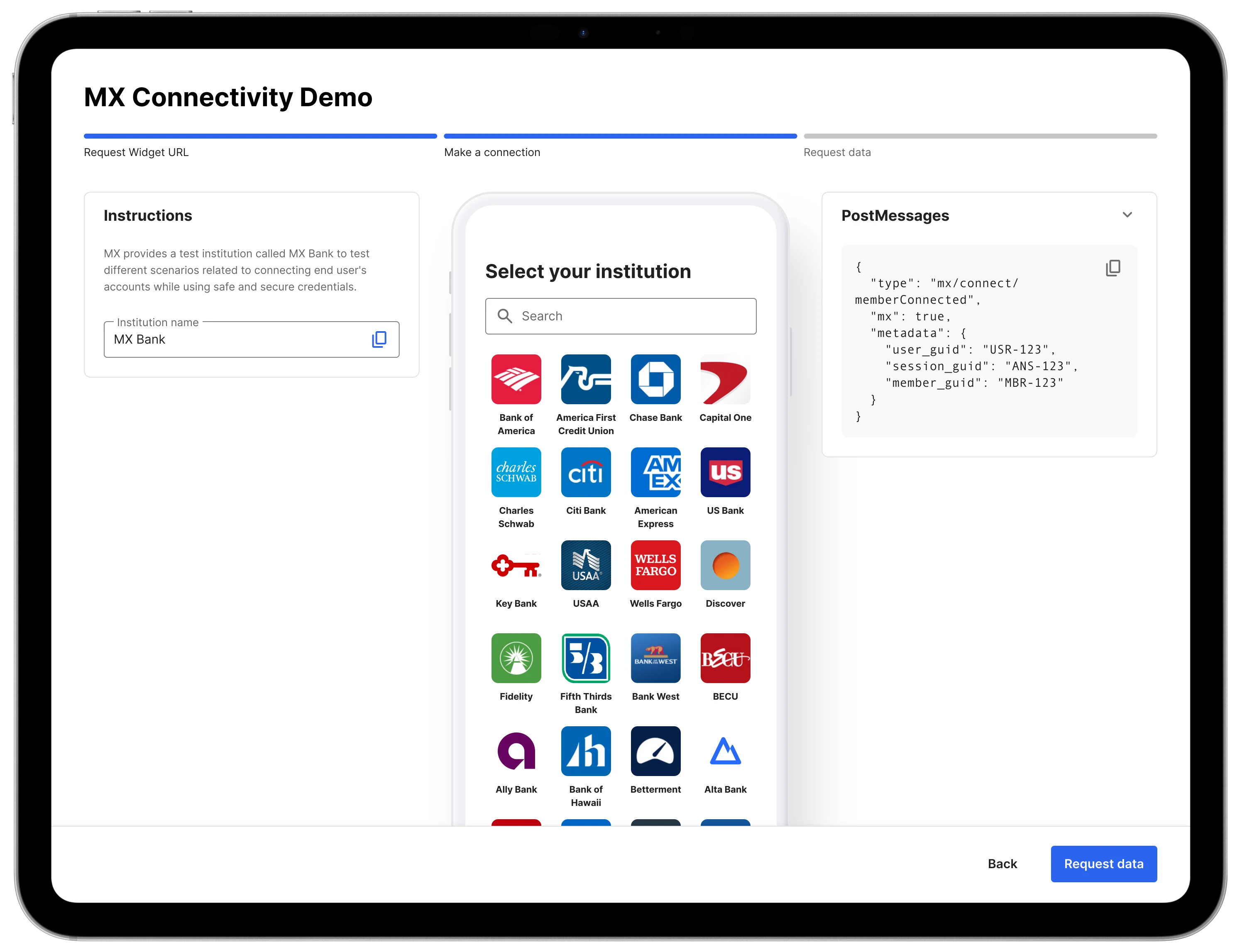 The self-guided MX connectivity demo: a 'Make a connection' step showing a phone selecting a test institution alongside a panel of the live postMessages (memberConnected, with user, session, and member GUIDs) firing as the connection completes.