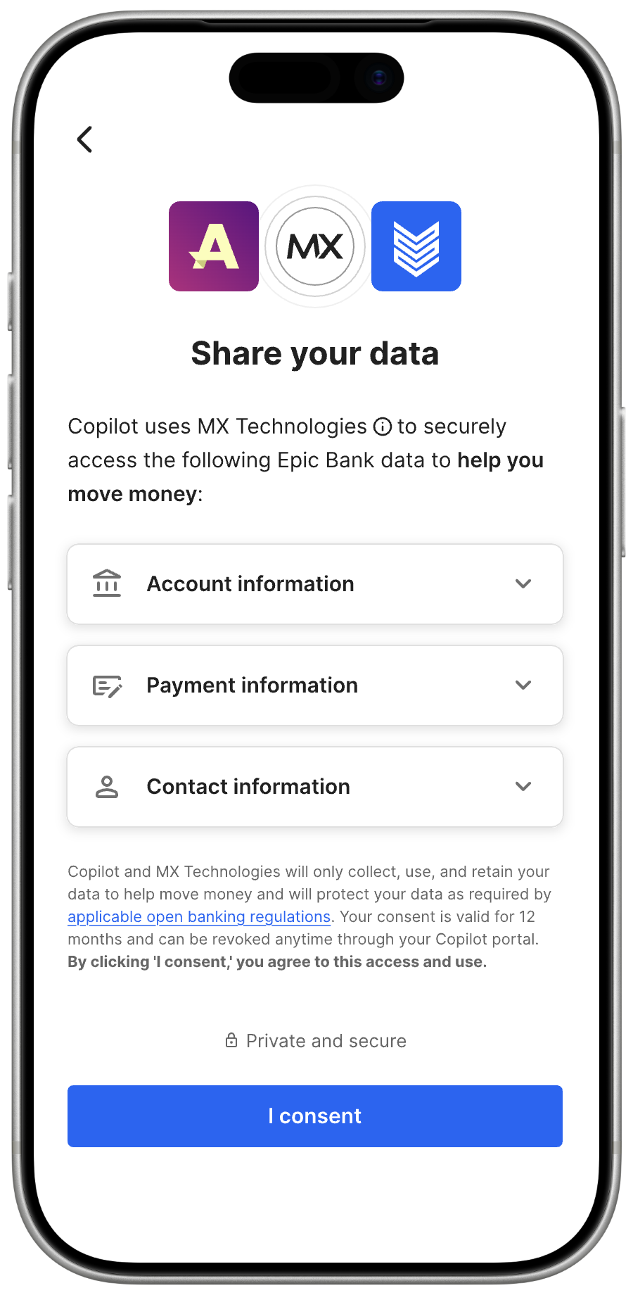 The consent screen white-labeled for an MX-branded dark-mode client: 'Share your data' listing account, payment, and contact information to access, with an 'I consent' button.