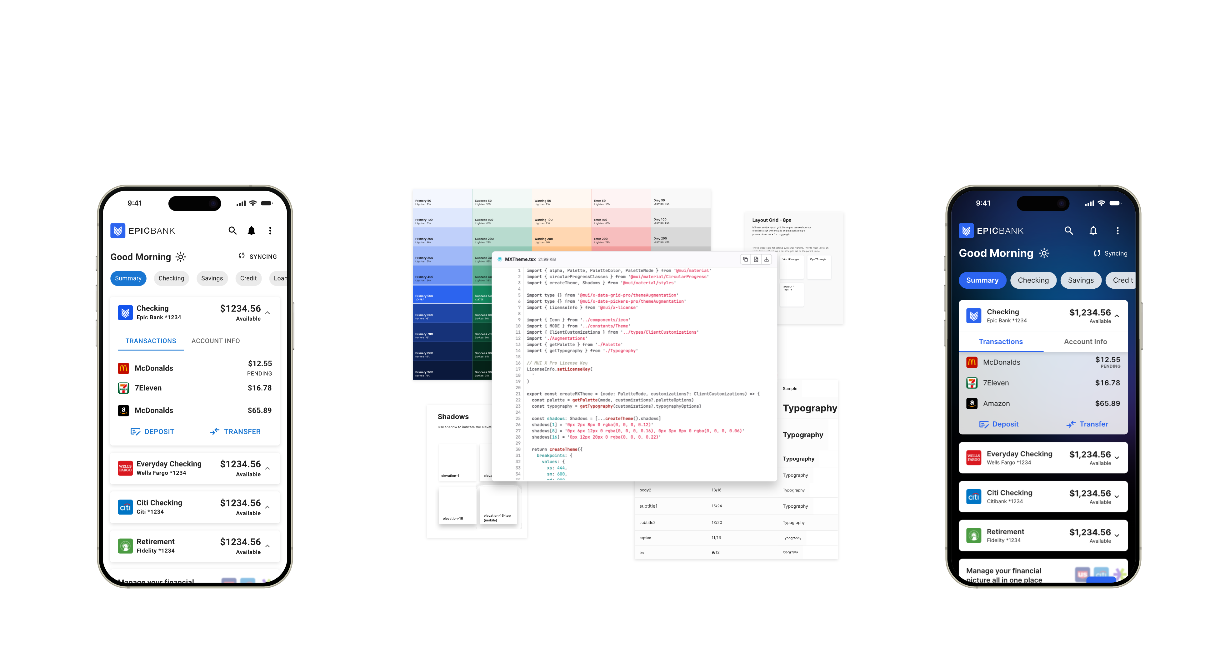 A diagram captioned 'MUI Components + Theme Wrapper = MXUI': a default MUI banking app on the left, a theme wrapper in the middle (color palette, theme code, shadows, and typography) and the same app fully themed in MX's brand on the right.