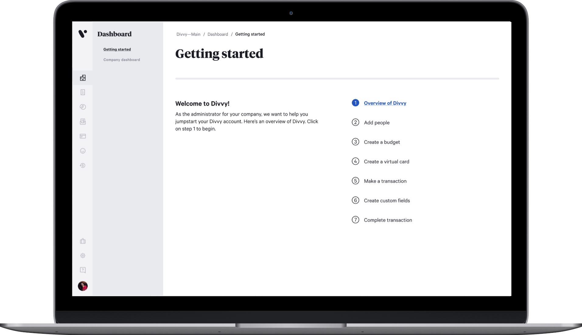 A laptop displaying Divvy's "Getting Started" dashboard, with a welcome message and a seven-step onboarding checklist beginning with "Overview of Divvy."