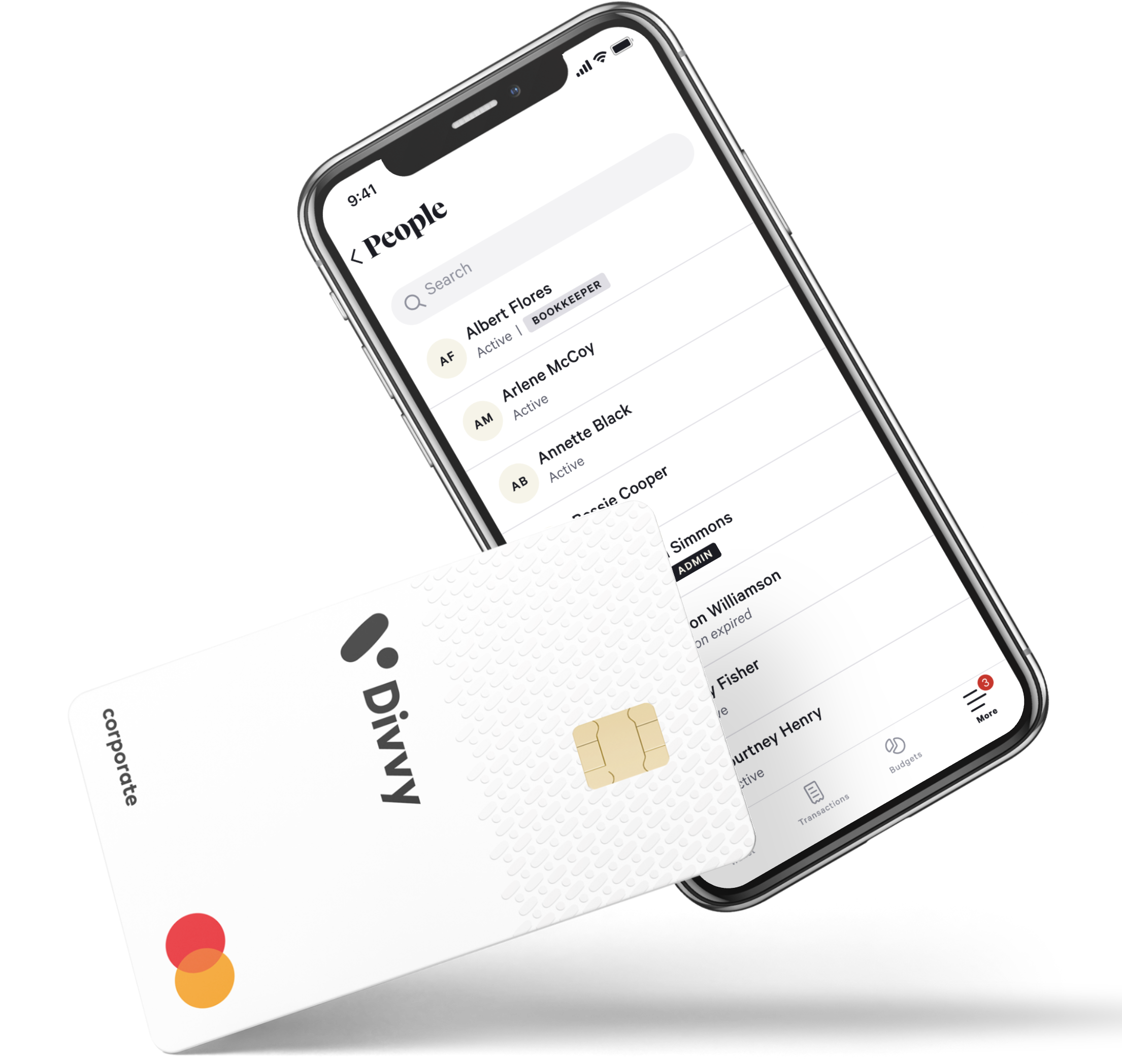 A Divvy corporate Mastercard floating in front of an iPhone showing the mobile People screen — a searchable list of team members with their roles and status.