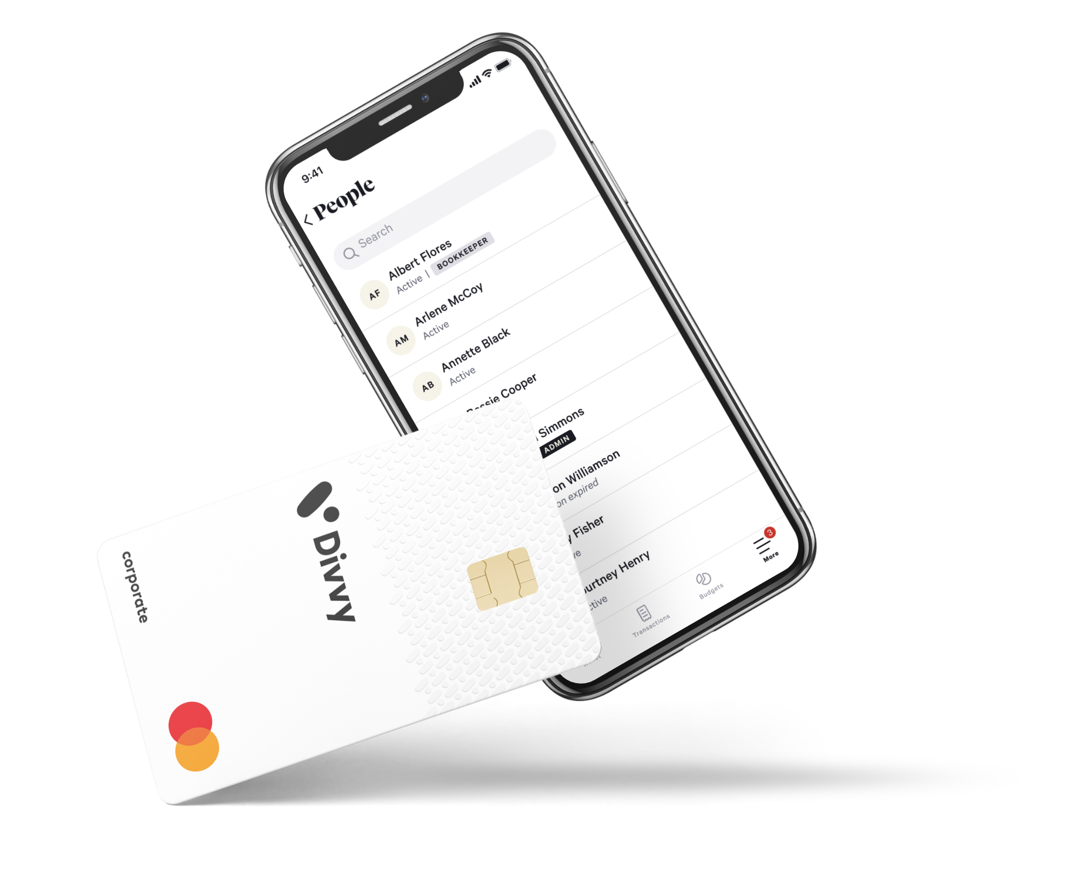 A Divvy corporate Mastercard floating in front of an iPhone showing the mobile People screen — a searchable list of team members with their roles and status.