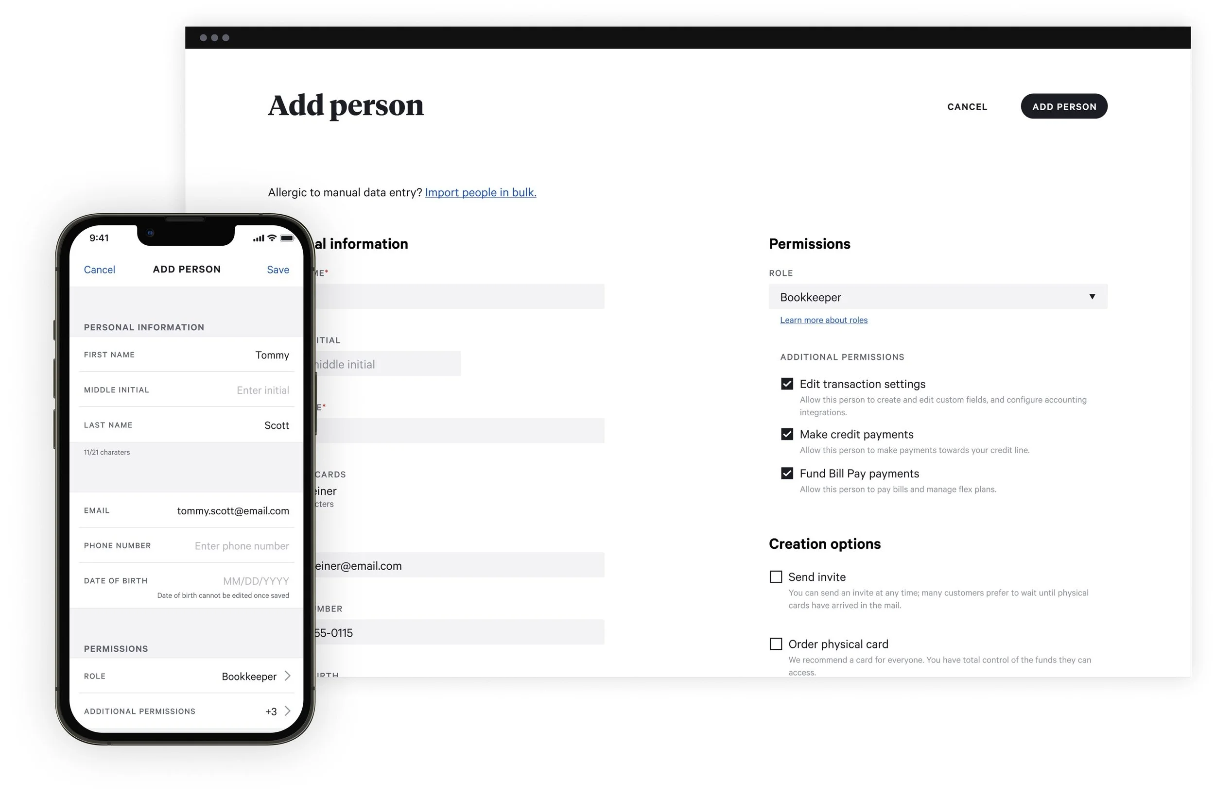 Desktop and mobile mockups of Divvy's "Add person" flow, showing personal information fields alongside a permissions panel with a Bookkeeper role selected.