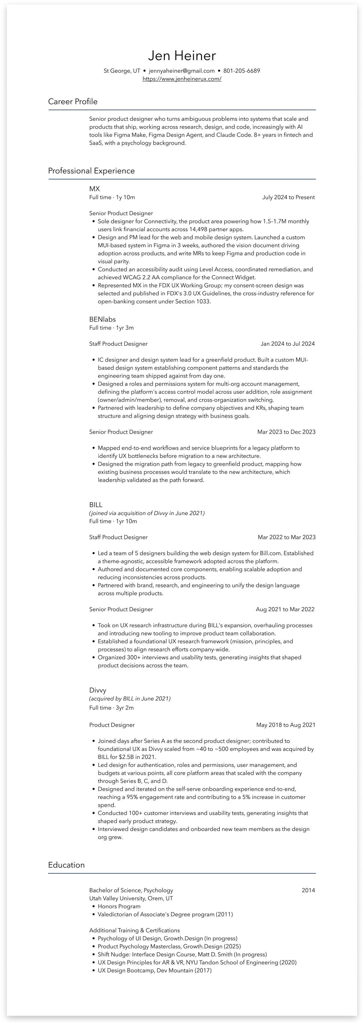 Preview of Jen Heiner's resume, listing her career profile, experience at MX, BENlabs, BILL, and Divvy, education, and certifications. A PDF download is available below.