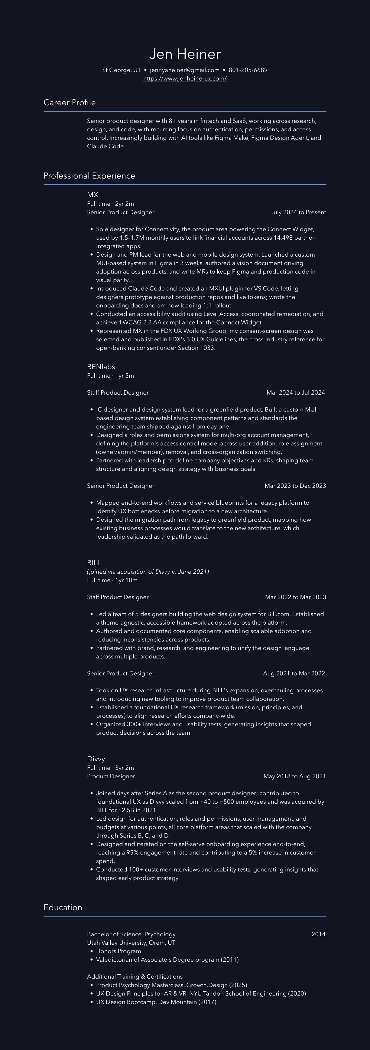 Preview of Jen Heiner's resume, listing her career profile, experience at MX, BENlabs, BILL, and Divvy, education, and certifications. A PDF download is available below.