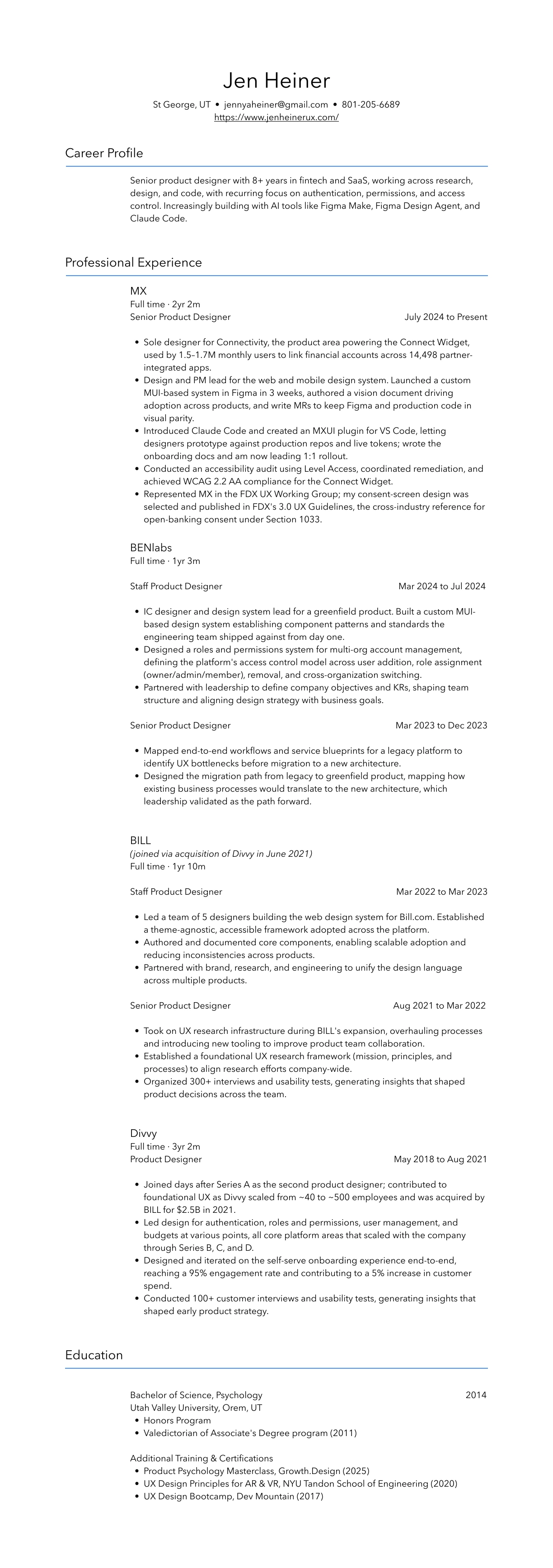Preview of Jen Heiner's resume, listing her career profile, experience at MX, BENlabs, BILL, and Divvy, education, and certifications. A PDF download is available below.