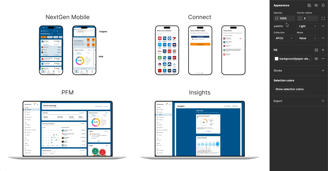 A proof-of-concept recording in Figma showing a client theme applied live across MX's end-user-facing products, swapping colors, type, and branding across every screen.