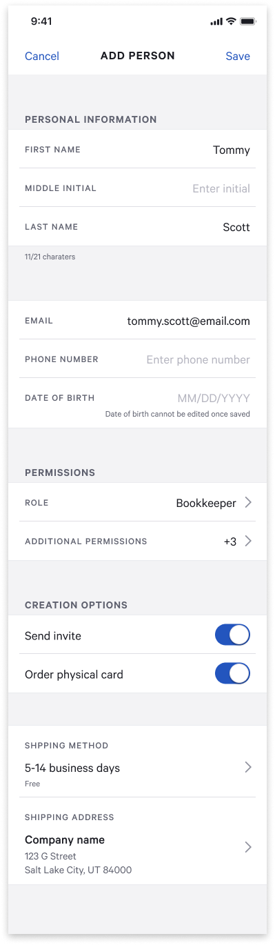 High-fidelity mobile mockup of the Add Person screen with personal information fields, a Bookkeeper role and additional permissions, creation options, and shipping details.