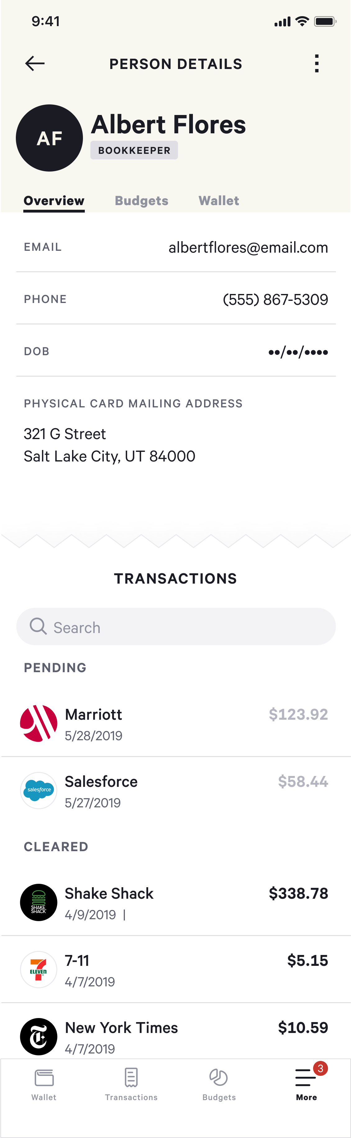 High-fidelity mobile mockup of the Person Details Overview tab for Albert Flores (Bookkeeper) showing contact info, mailing address, and a list of pending and cleared transactions.