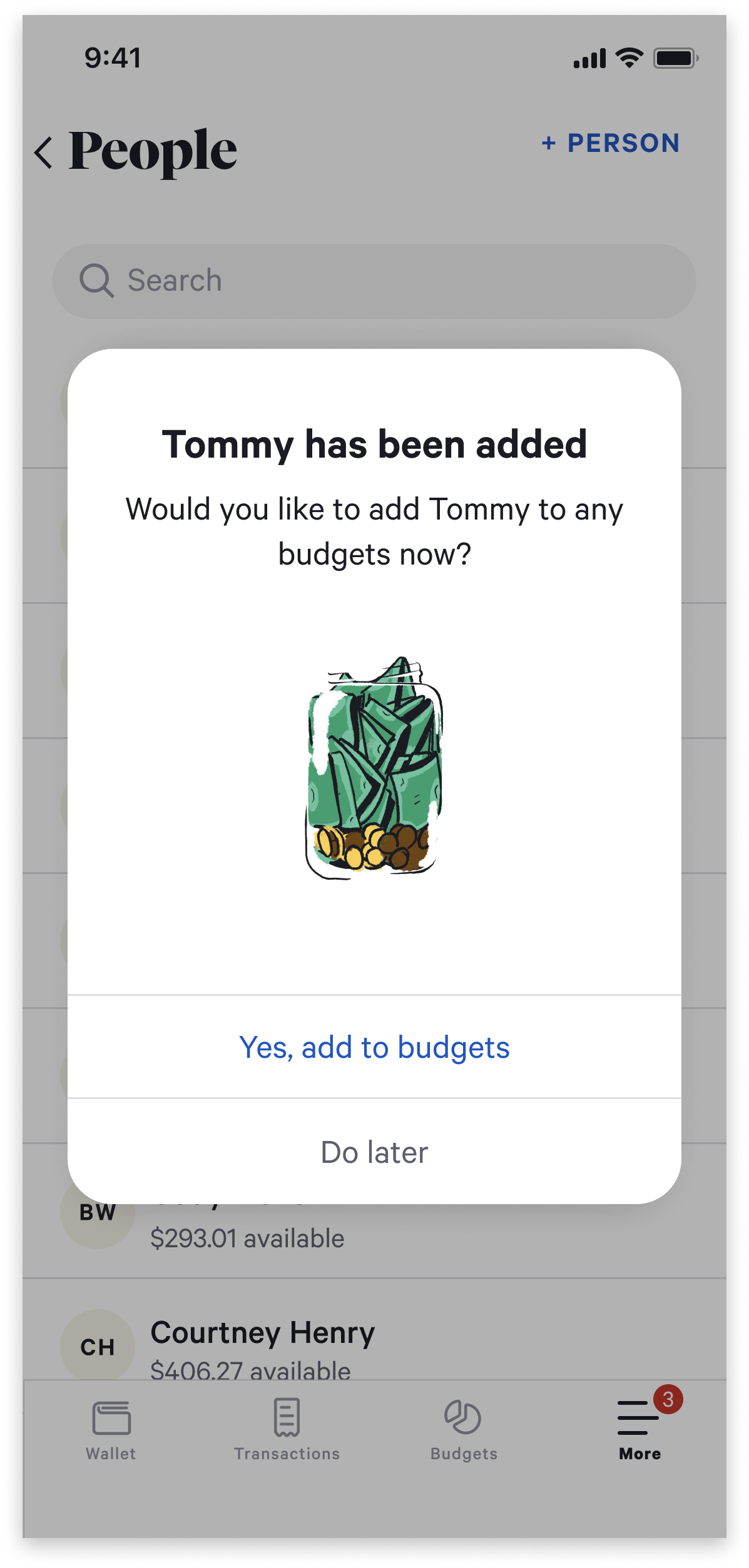 High-fidelity mobile mockup of the People list with a success modal confirming a new person was added and offering to assign them to budgets.
