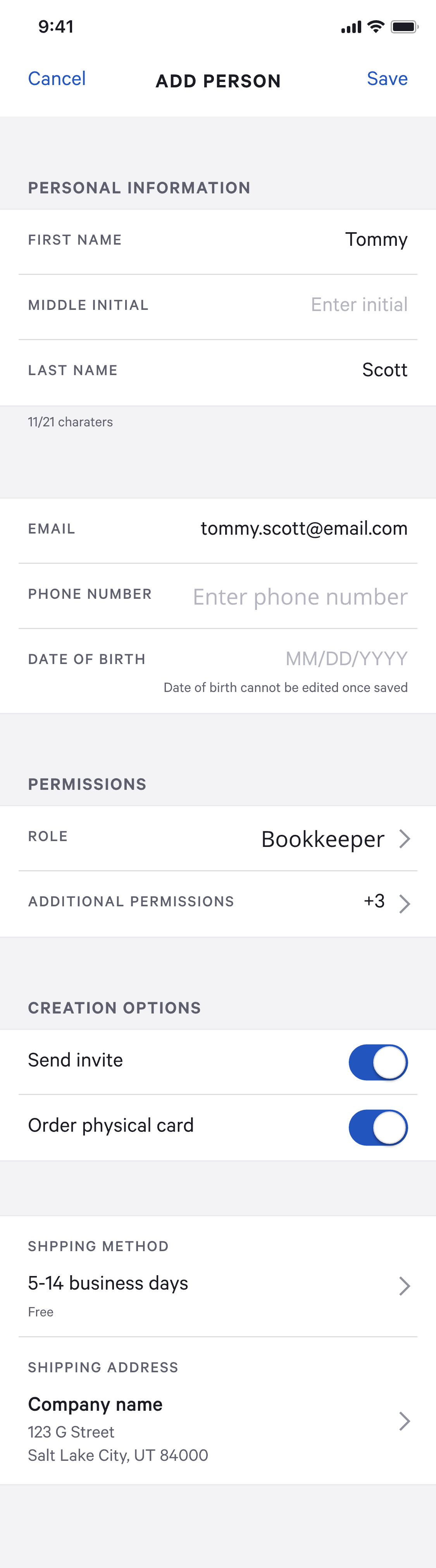 High-fidelity mobile mockup of the Add Person screen with personal information fields, a Bookkeeper role and additional permissions, creation options, and shipping details.