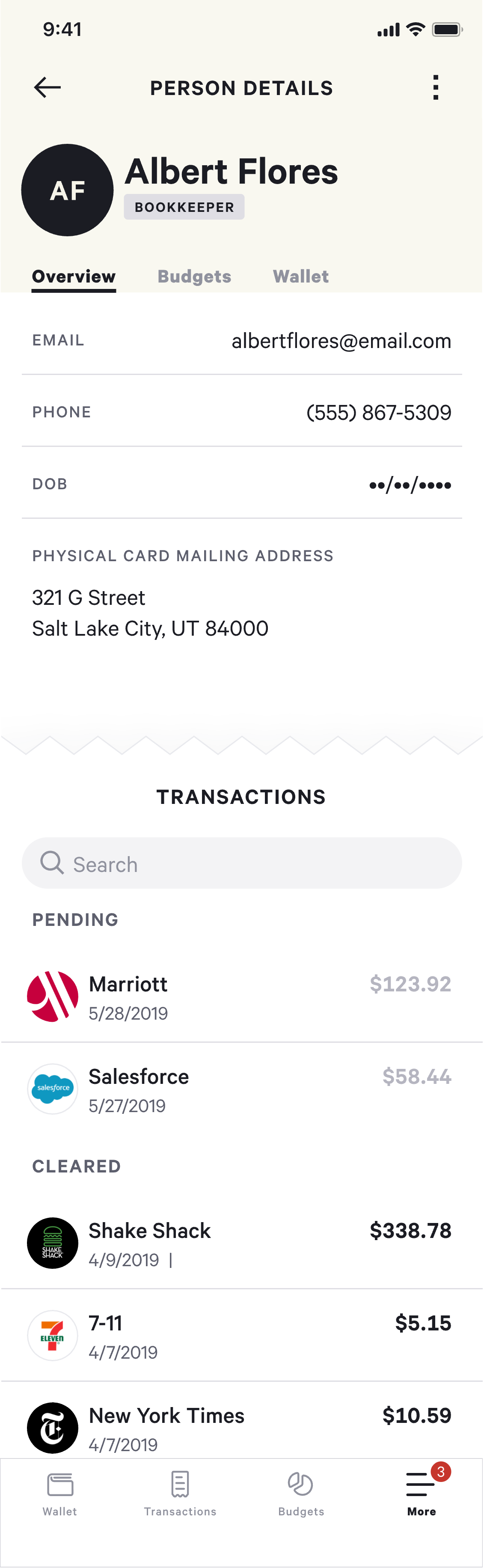 High-fidelity mobile mockup of the Person Details Overview tab for Albert Flores (Bookkeeper) showing contact info, mailing address, and a list of pending and cleared transactions.