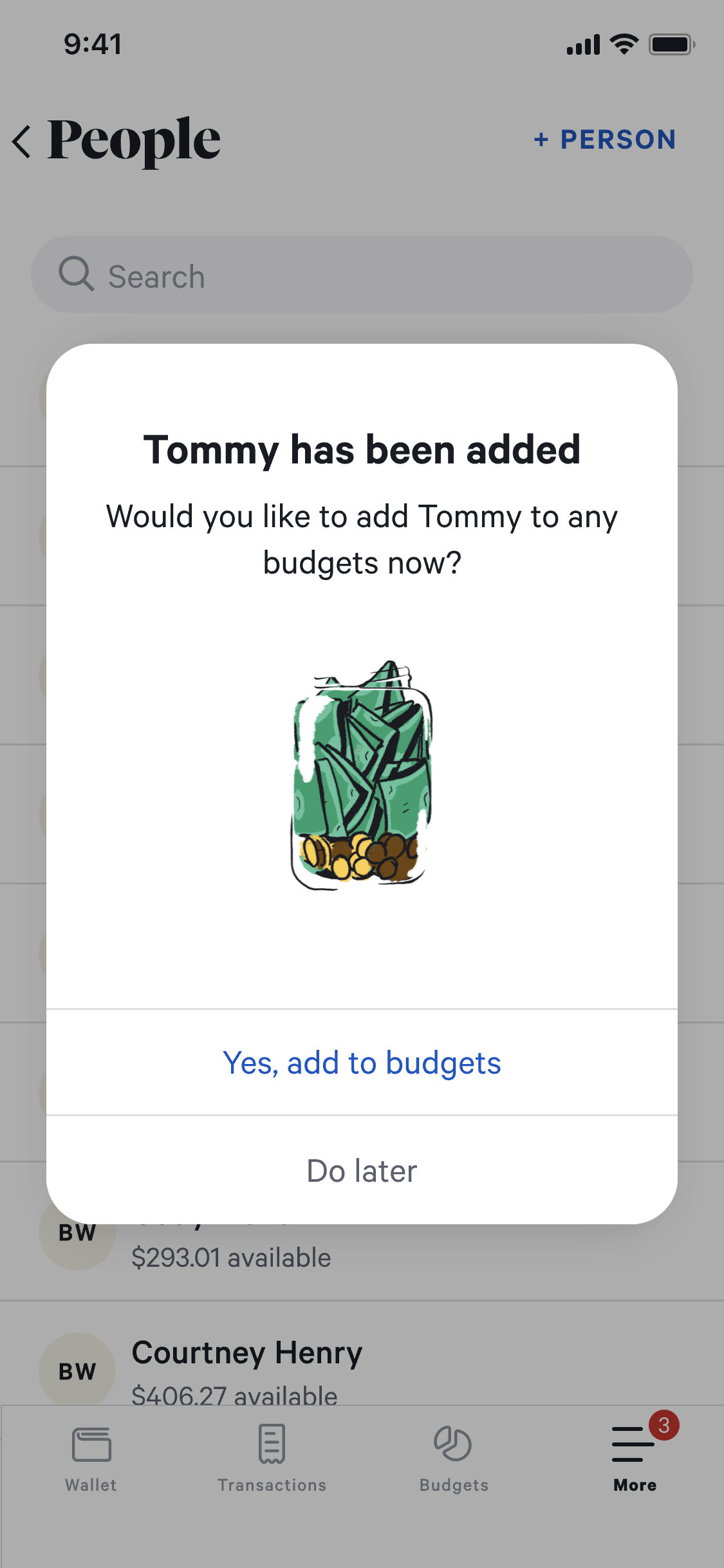 High-fidelity mobile mockup of the People list with a success modal confirming a new person was added and offering to assign them to budgets.