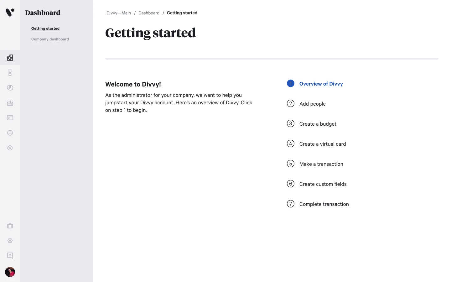Getting Started page at step 1, "Overview of Divvy": no steps checked off yet and the current step highlighted as the next action, with the progress bar filled to match.