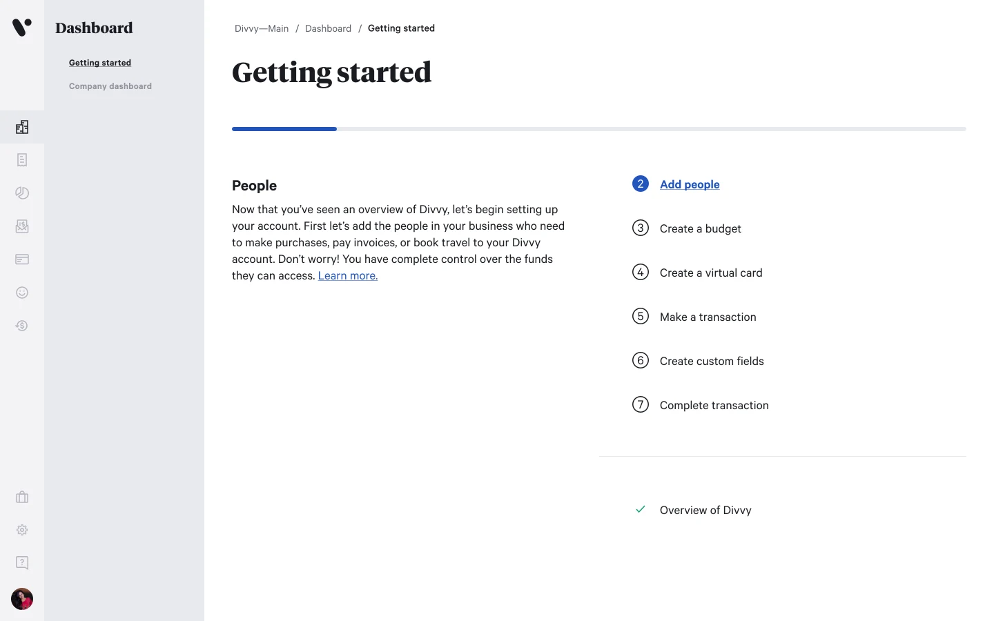 Getting Started page at step 2, "Add people": step 1 checked off and the current step highlighted as the next action, with the progress bar filled to match.