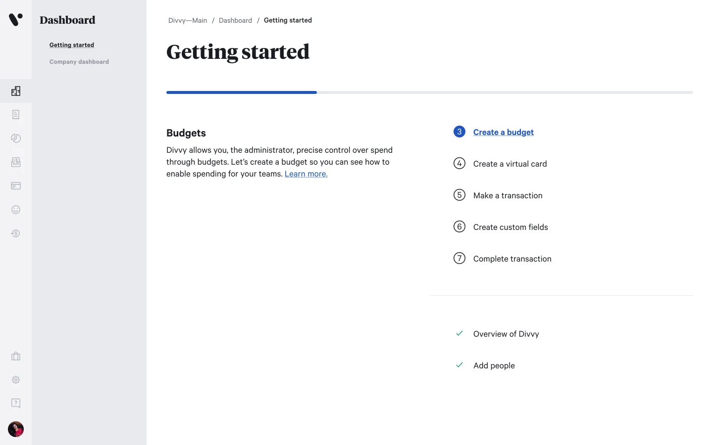 Getting Started page at step 3, "Create a budget": steps 1 through 2 checked off and the current step highlighted as the next action, with the progress bar filled to match.