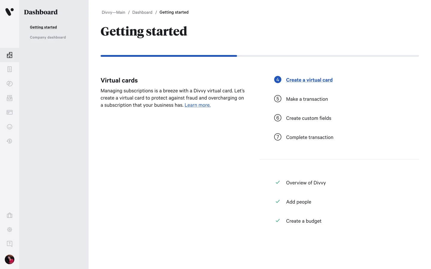 Getting Started page at step 4, "Create a virtual card": steps 1 through 3 checked off and the current step highlighted as the next action, with the progress bar filled to match.