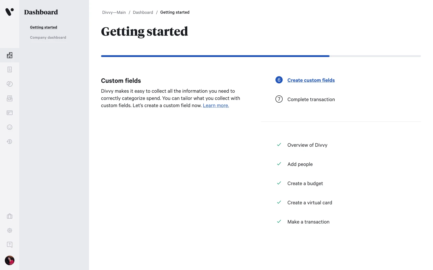 Getting Started page at step 6, "Create custom fields": steps 1 through 5 checked off and the current step highlighted as the next action, with the progress bar filled to match.