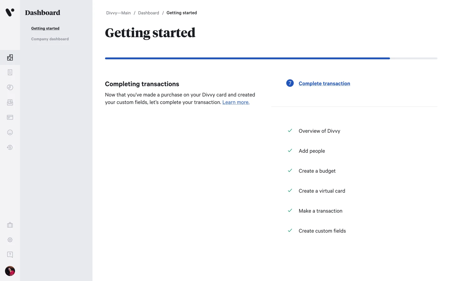Getting Started page at step 7, "Complete transaction": steps 1 through 6 checked off and the current step highlighted as the next action, with the progress bar filled to match.