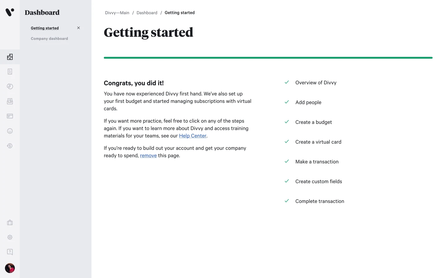The completed state: all seven steps checked off in green, a full green progress bar, and a congratulations message offering to replay a step or remove the page.