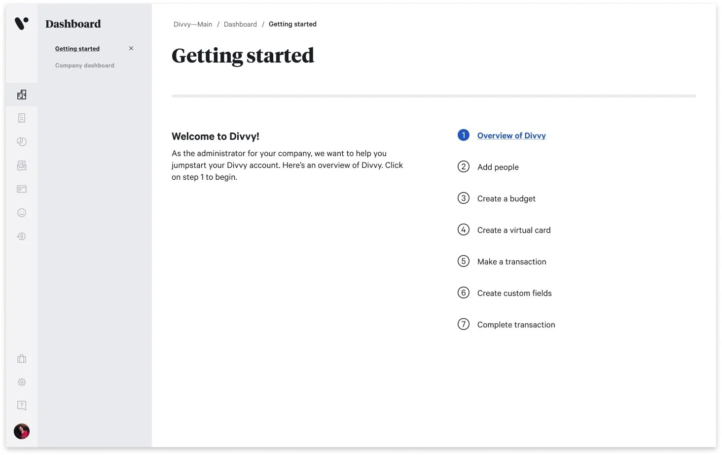 Final Getting Started page: a welcome message beside a numbered seven-step onboarding checklist, starting with an overview of Divvy.