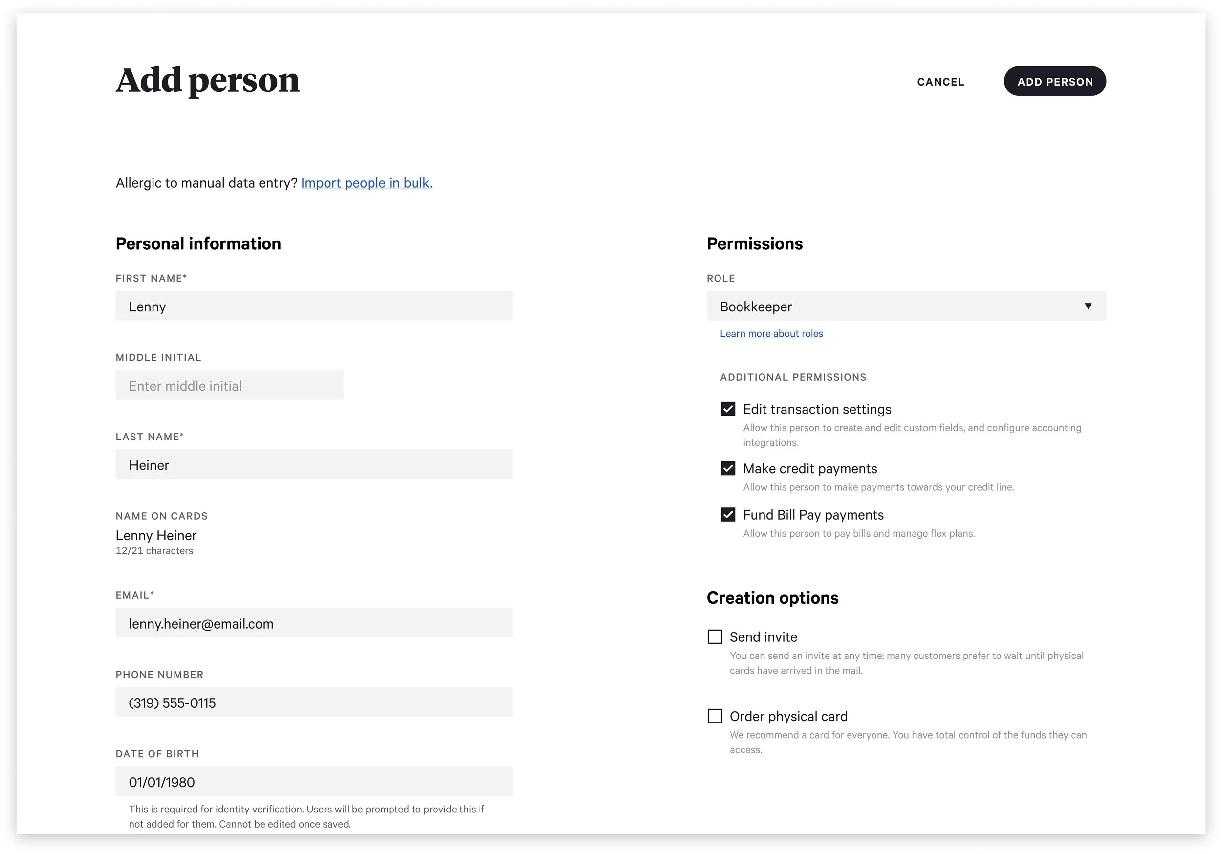 The shipped Add Person screen with the Bookkeeper role selected and additional permissions (Edit transaction settings, Make credit payments, and Fund Bill Pay payments) checked.