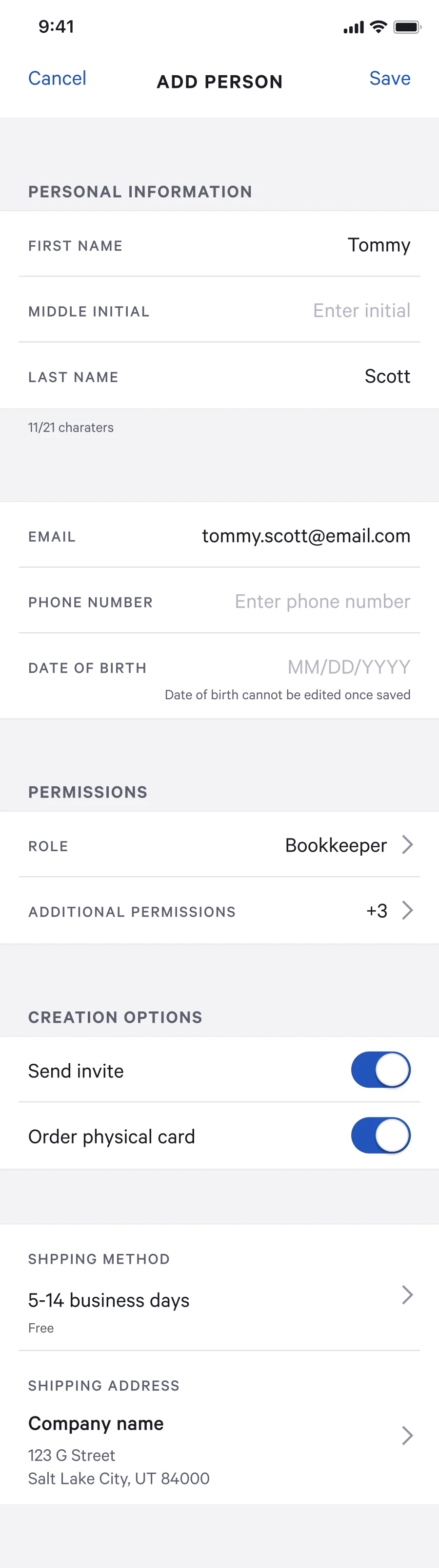 Divvy's mobile Add Person screen with the Bookkeeper role selected, where an Additional Permissions row collapses the three optional selections into a '+3' drill-in.