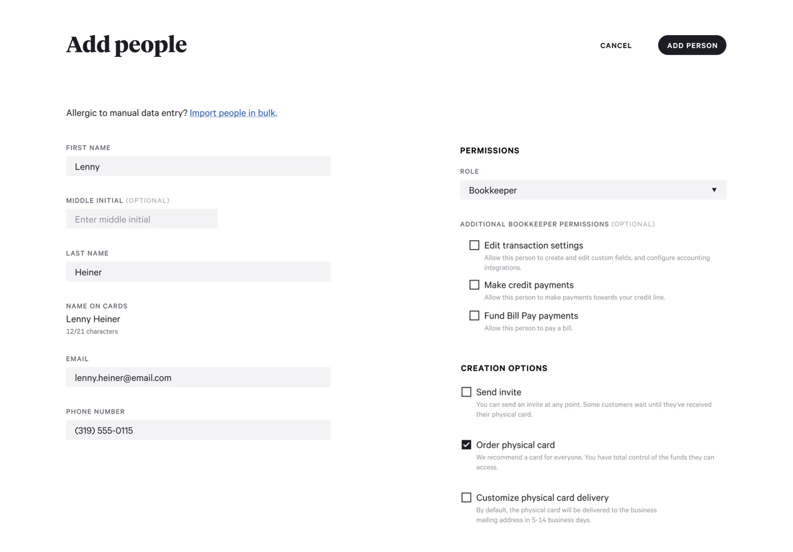 Divvy's web Add People form with the Bookkeeper role selected, listing the three optional Bookkeeper permissions as checkboxes (edit transaction settings, make credit payments, and fund Bill Pay payments), all visible without opening a dropdown.
